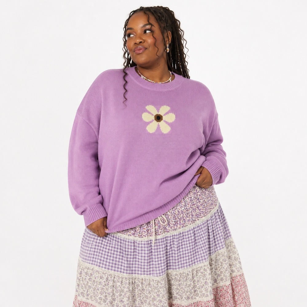 NWT BP. Daisy Intarsia Knit Pullover Sweater Purple Floral Quirky Cozy Size 1X